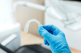 dentist holding clear aligner with blue glove